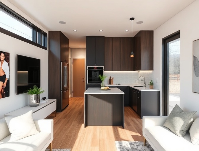 Modern ADU open living and kitchen, walnut cabinetry
