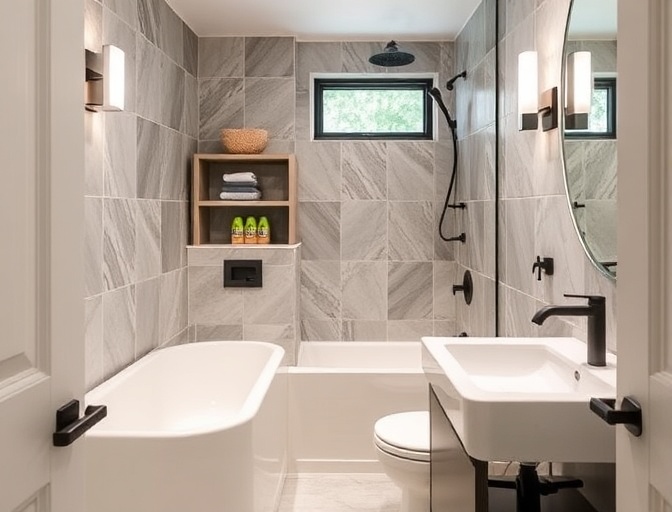 Custom ADU bath in soft stone and warm metals