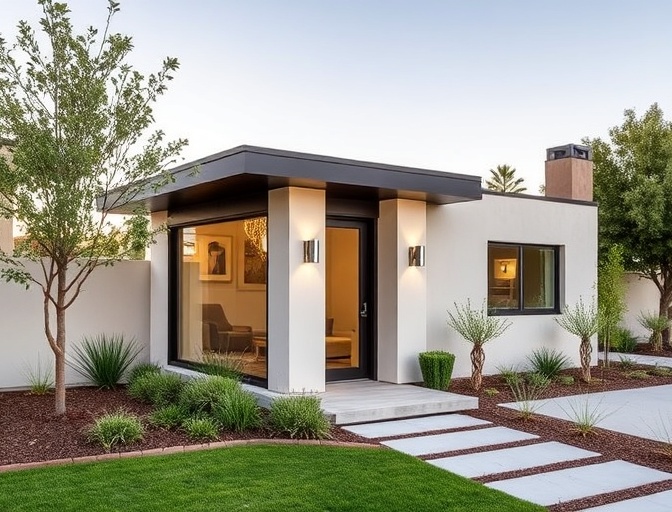 Modern custom ADU with warm interior light at dusk