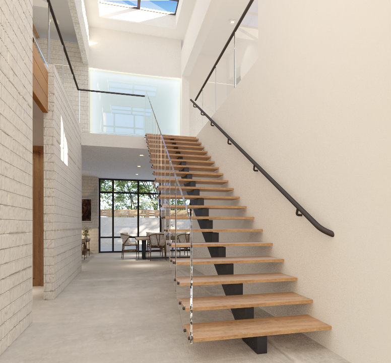 Modern home remodel with floating oak stair and skylight