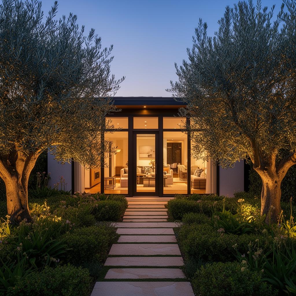 Modern ADU exterior at dusk with warm interior glow and olive trees