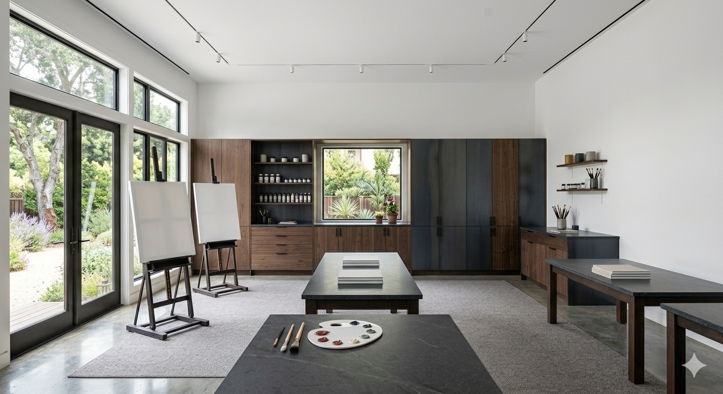 Calm minimalist studio with white oak desk, linen curtains, and skylight